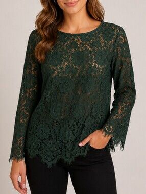 RAFAELLA Women's Green Floral Lace Overlay Fringe Hem Long Sleeve Top Size XL